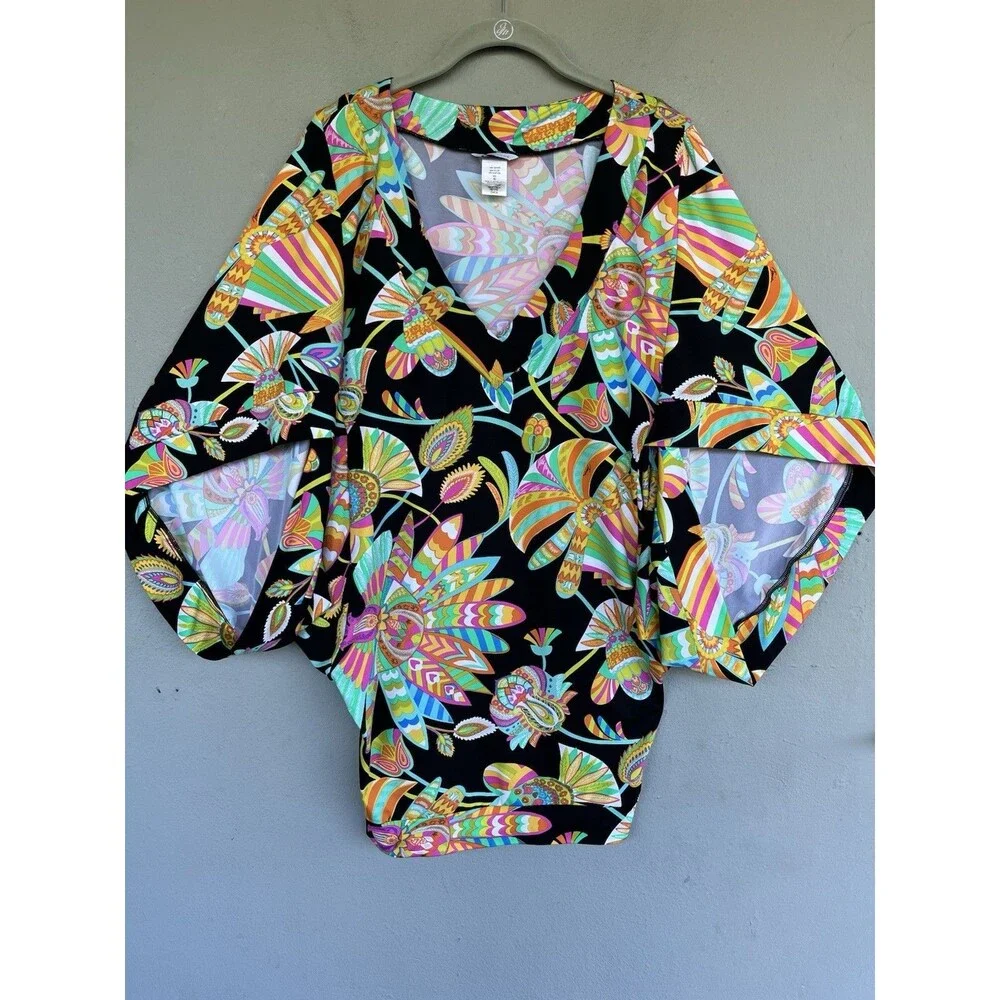 Trina Turk V-Neck Tahitian Floral Beach Swim Jersey Cover Up Tunic Dress Size S